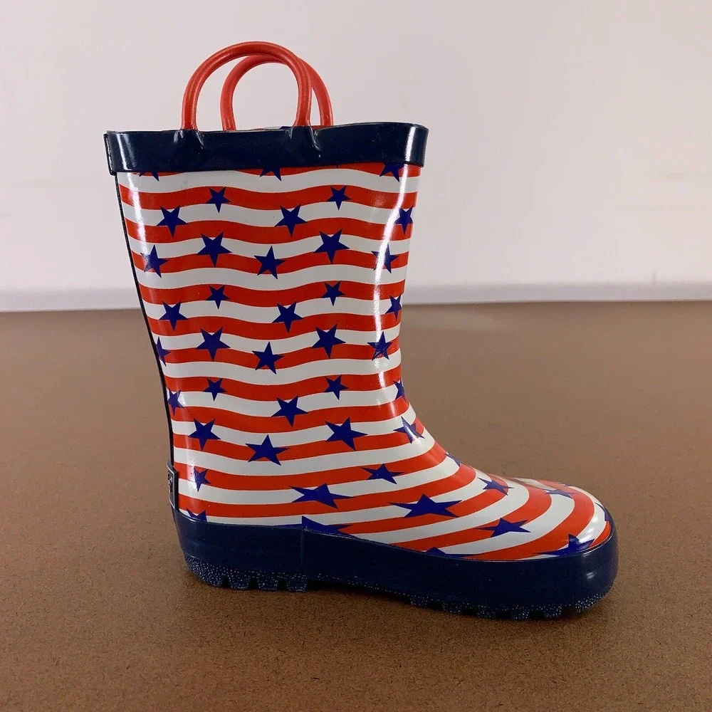 Landchief Kids Shoe Size 9 Red White Blue Striped Rubber Rain Boots NWT